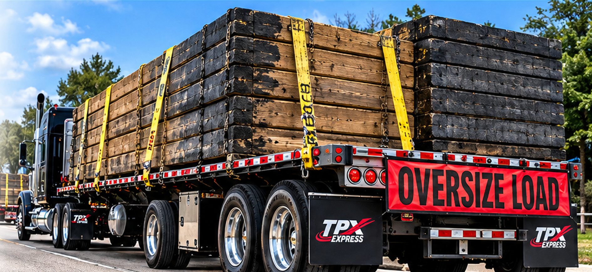 Illustrative image of heavy timber crane mats secured on a flatbed