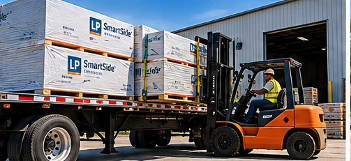 Forklift loading building materials onto a flatbed trailer
