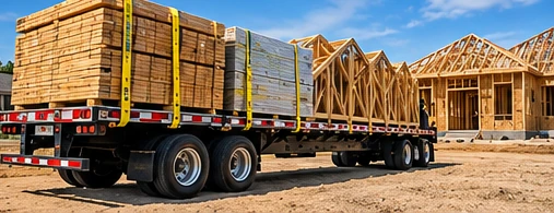 Open-deck trailer delivering wooden building trusses