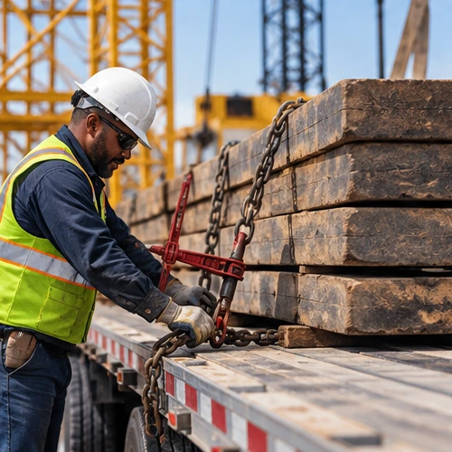Worker inspecting cargo straps and timber securement