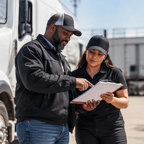 Transportation team reviewing shipment paperwork and logistics