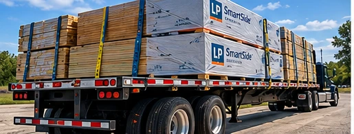 Flatbed trailer transporting strapped lumber
